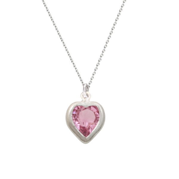 Heart charm pendant necklace personalised with Rose birthstone, symbolising October's pink opal.