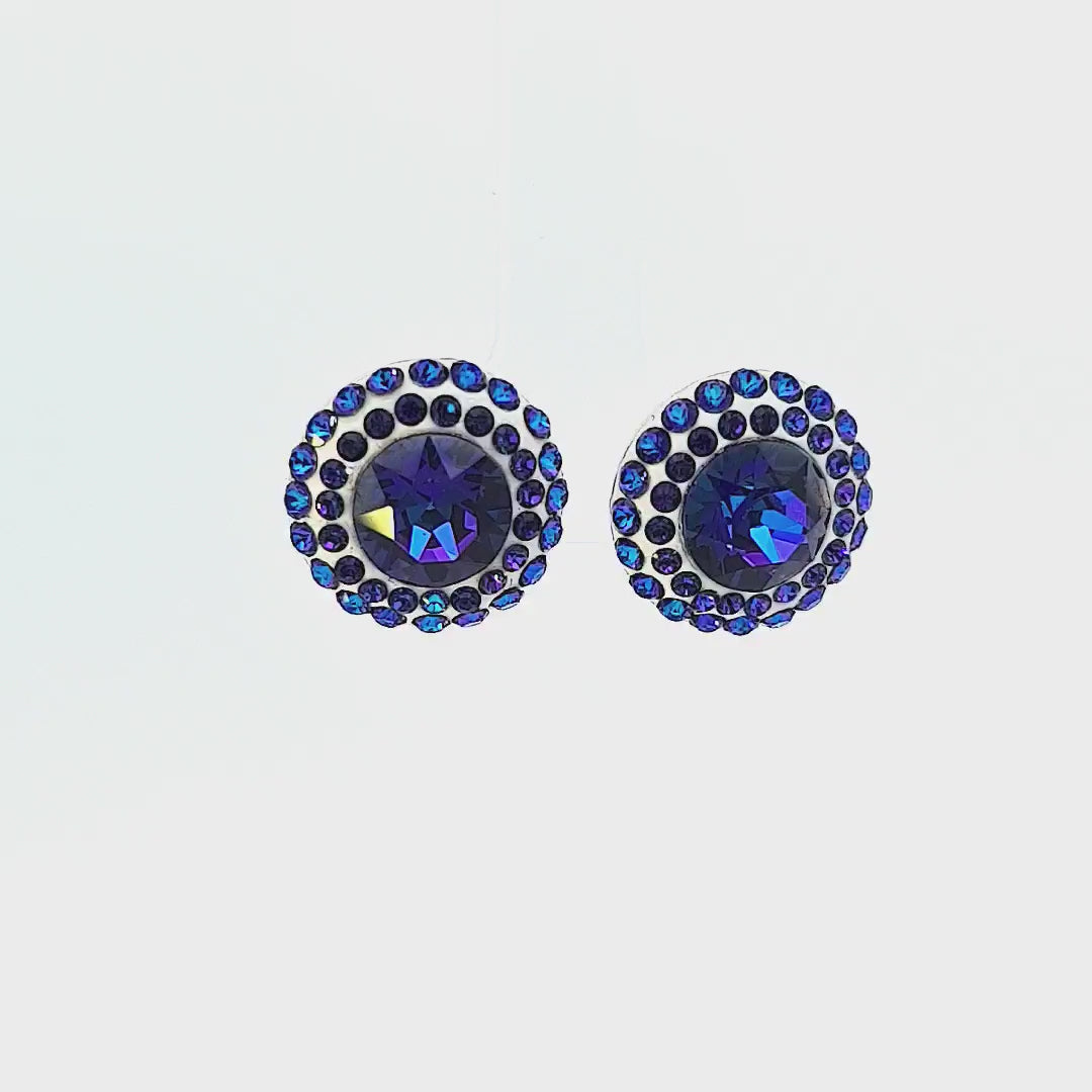 360-view video of the Celestial Halo Large Round Stud Earrings front view showcasing heliotrope crystals from Austria in a pave-style design. for Women