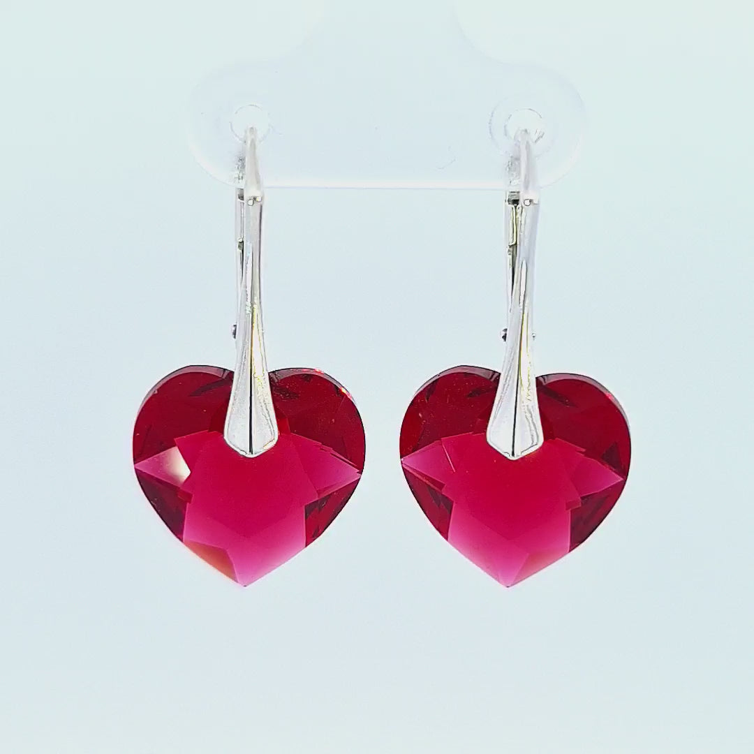 Scarlet Red Silver Heart Drop Earrings with Austrian Crystals Video