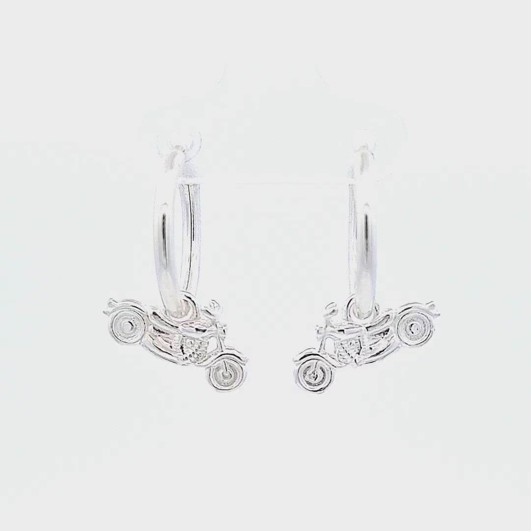 Video sShowcasing the Rider's Spirit Motorcycle Charm Hoop Earrings in Sterling Silver by Magpie Gems Ireland