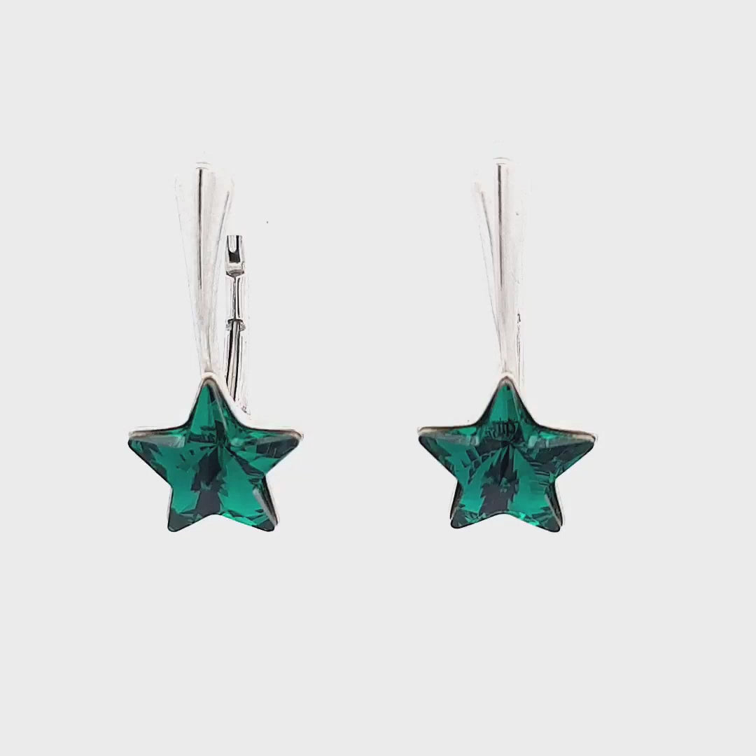 45-degree view of the Little Miss Star Silver Drop Earrings in Emerald Green for girls in Ireland