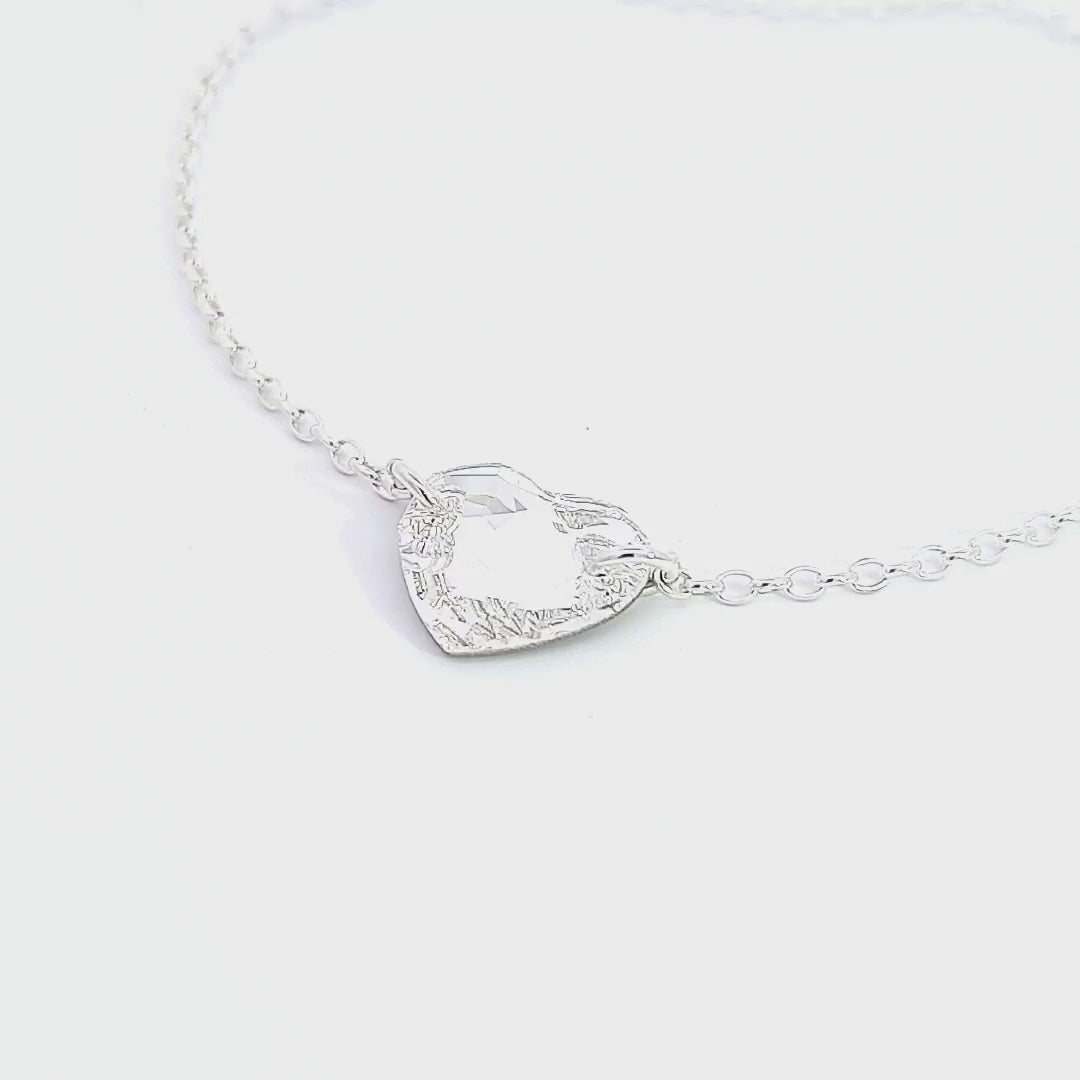 Video Close-up of Crystal Heart Link on Sterling Silver Anklet for Women with a Clear Crystal Heart