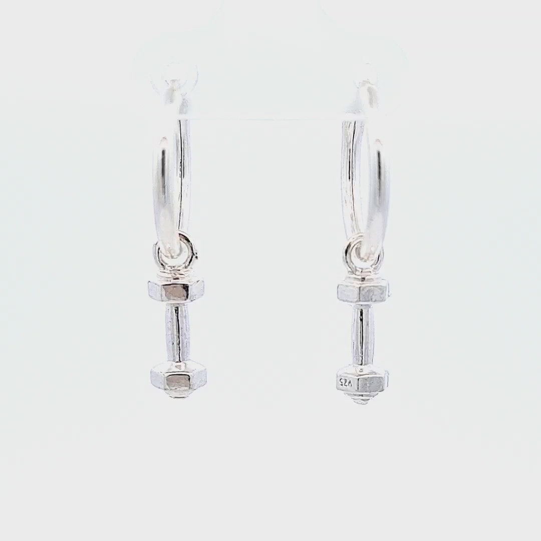 45-degree video showing the Irish Hand-Finished Sterling Silver Dumbbell Charm Hoop Earrings