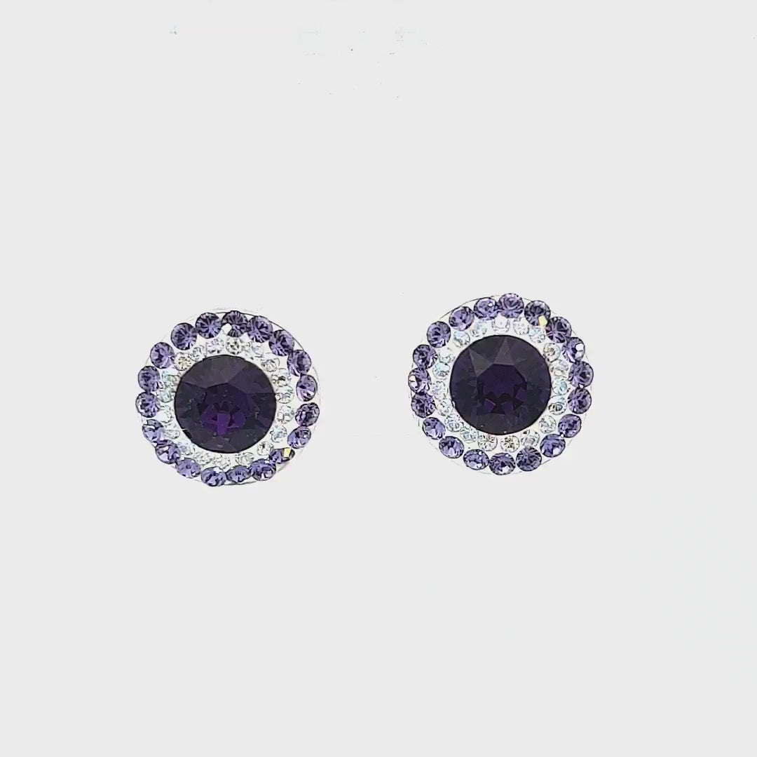 360-view of Double Halo Stud Earrings in Sterling Silver with Deep Purple Crystals made in Ireland by Magpie Gems