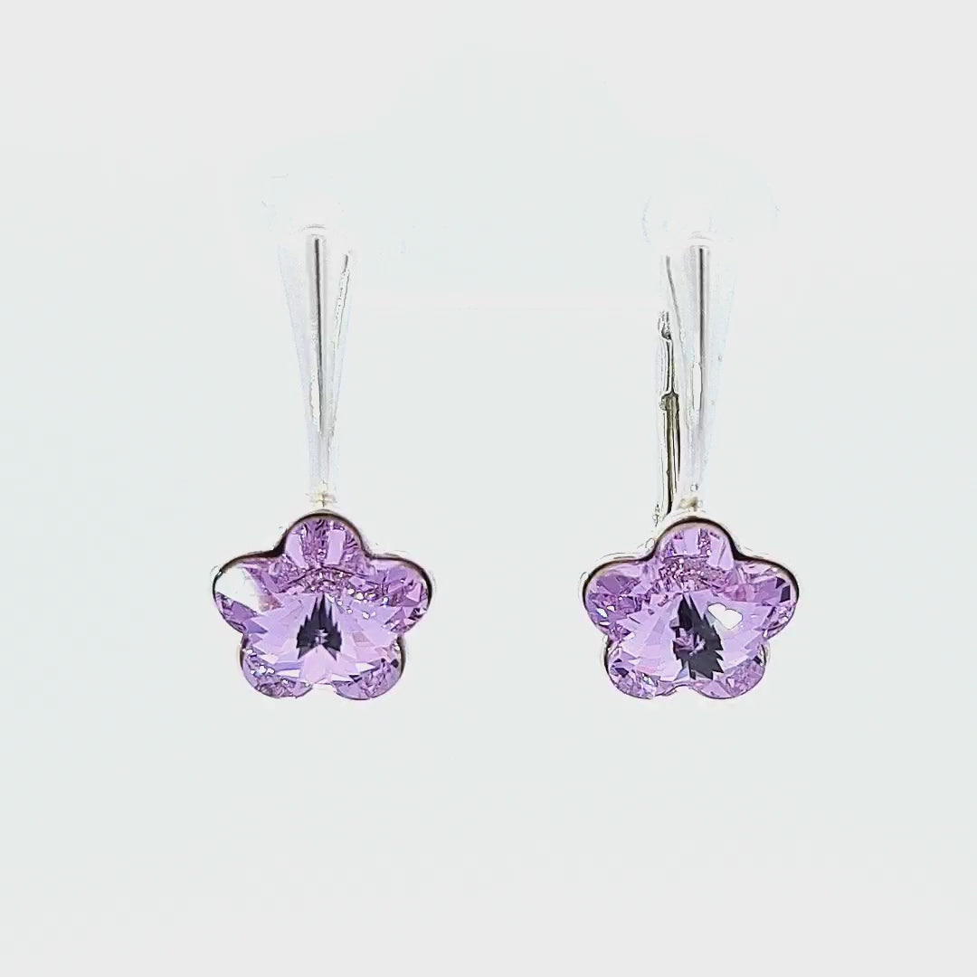 Video 360-degree view of the Little Miss Collection Flower Crystal Drop Earrings in Violet for girls and women in Ireland