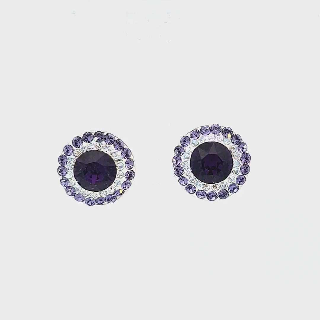 Irish Hand-Finished Sterling Silver Double Halo Stud Earrings with Deep Purple and Tanzanite Crystals Video