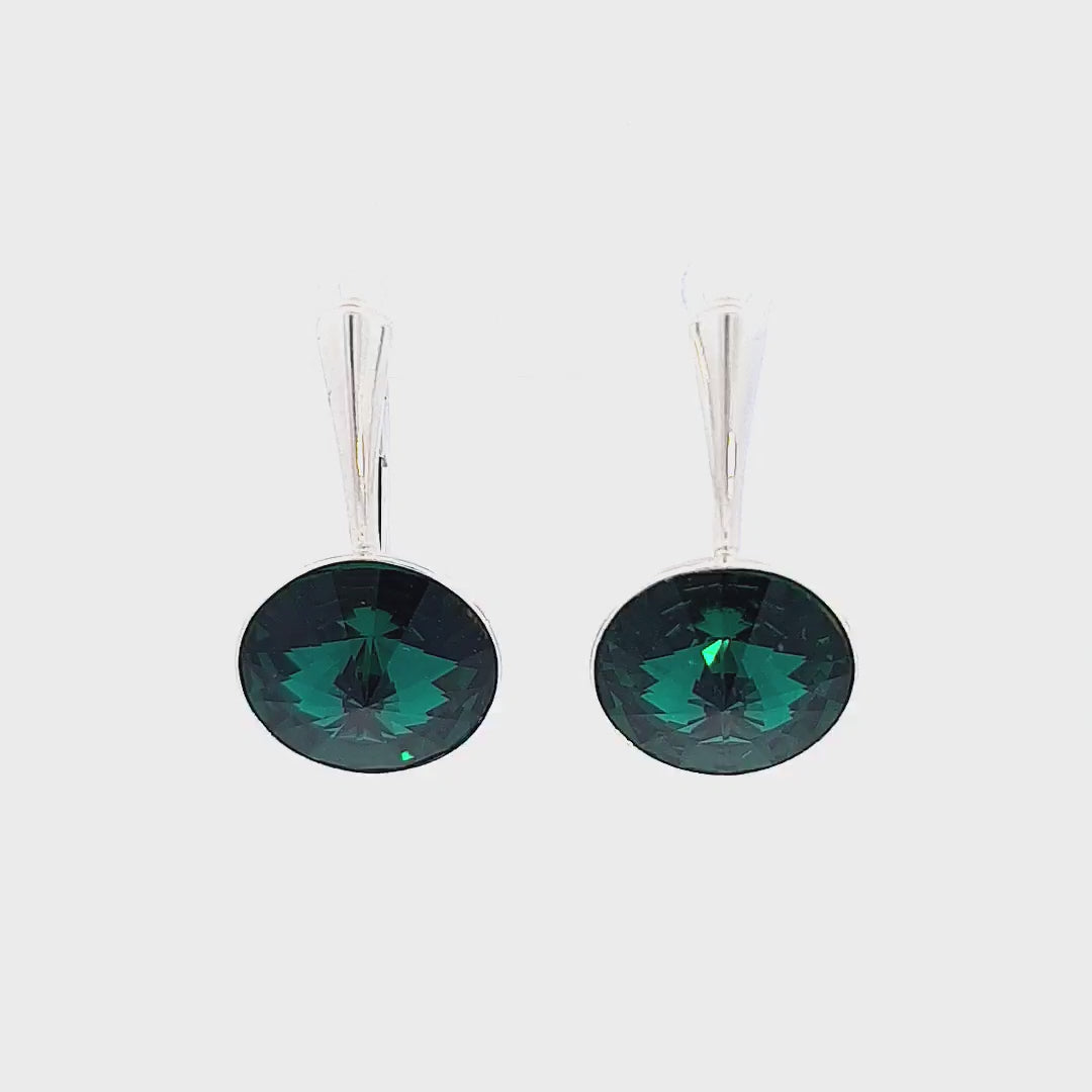 Sterling Silver Drop Earrings with 12mm Emerald Green Rivoli Crystal for Women