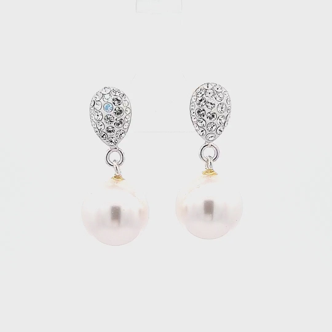 Elegant Pearl Drop Earrings in Sterling Silver with 12mm white pearls and Austrian crystal teardrop detail