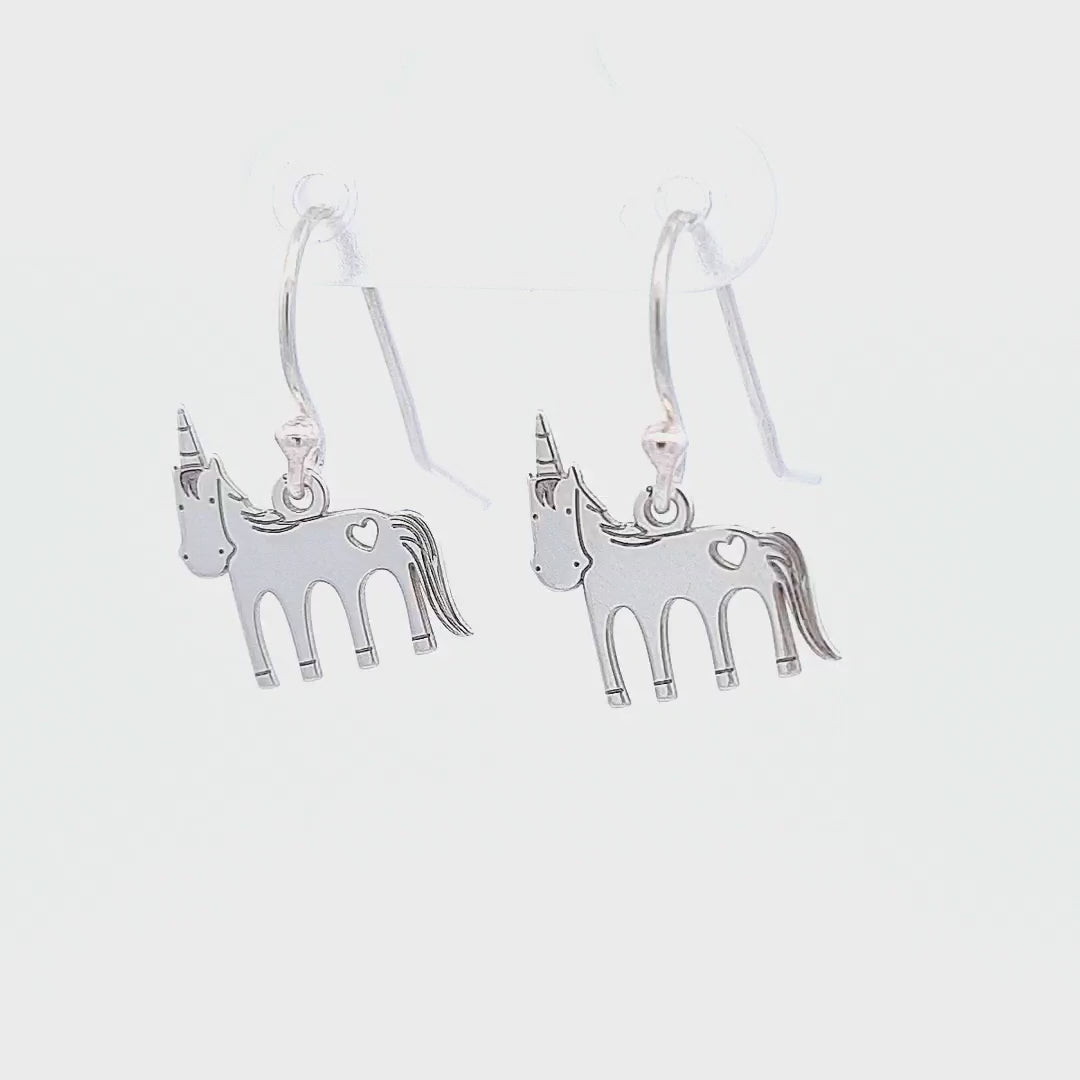 360-degree view of Unicorn Silver Hook Earrings, showcasing the intricate design from all angles.