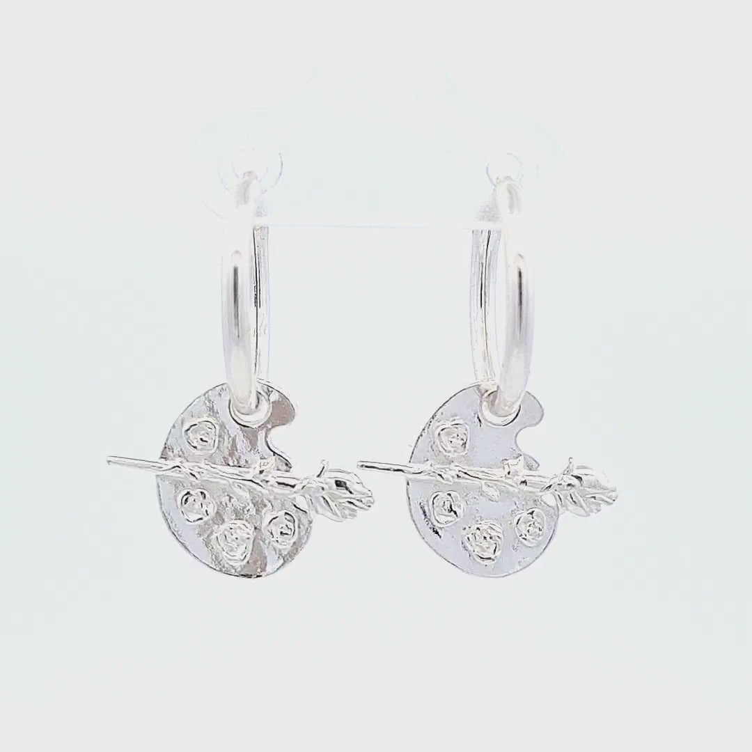 Irish Hand-Finished Sterling Silver Rose on Paint Palette Charm Hoop Earrings Video 45-view