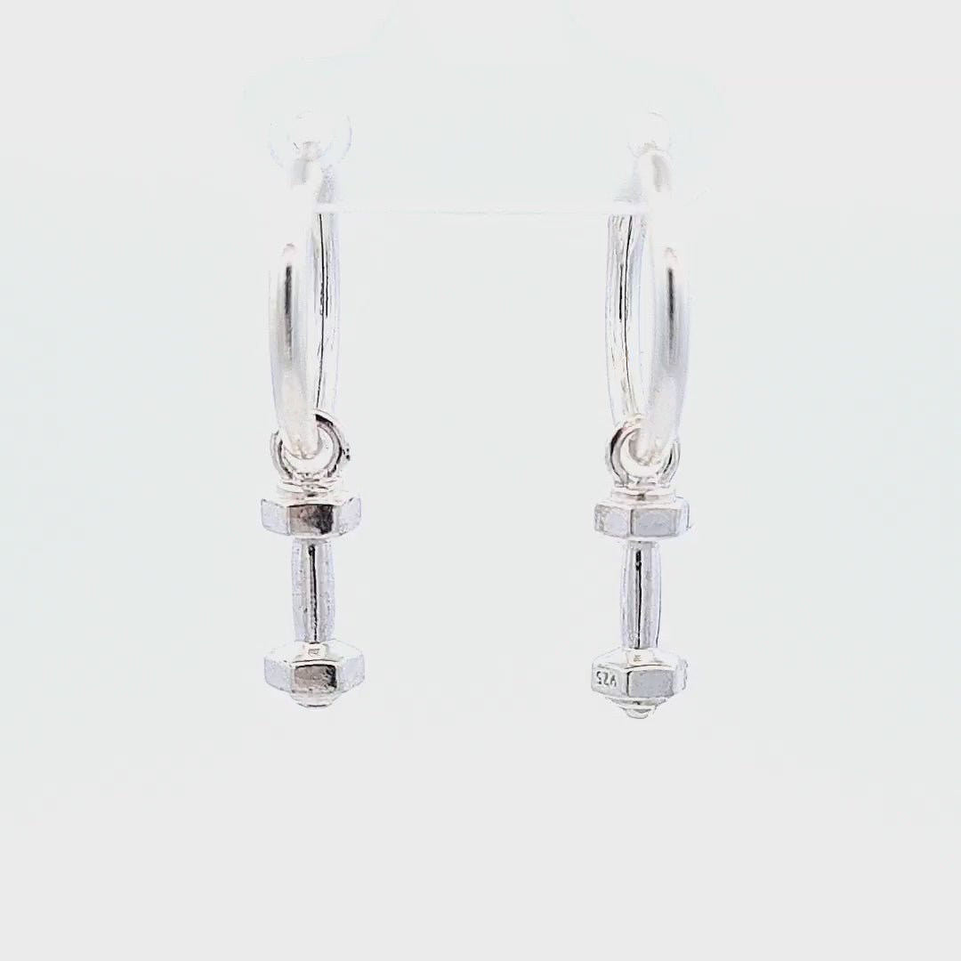 360-degree video displaying the Fitness Enthusiast Dumbbell Charm Hoop Earrings in Sterling Silver