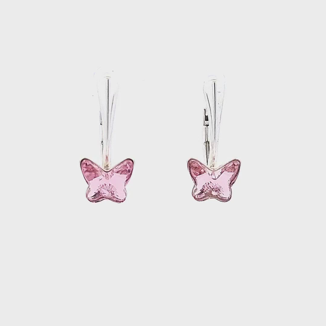 360-degree view of Sterling Silver Butterfly Crystal Earrings with Pink Crystal