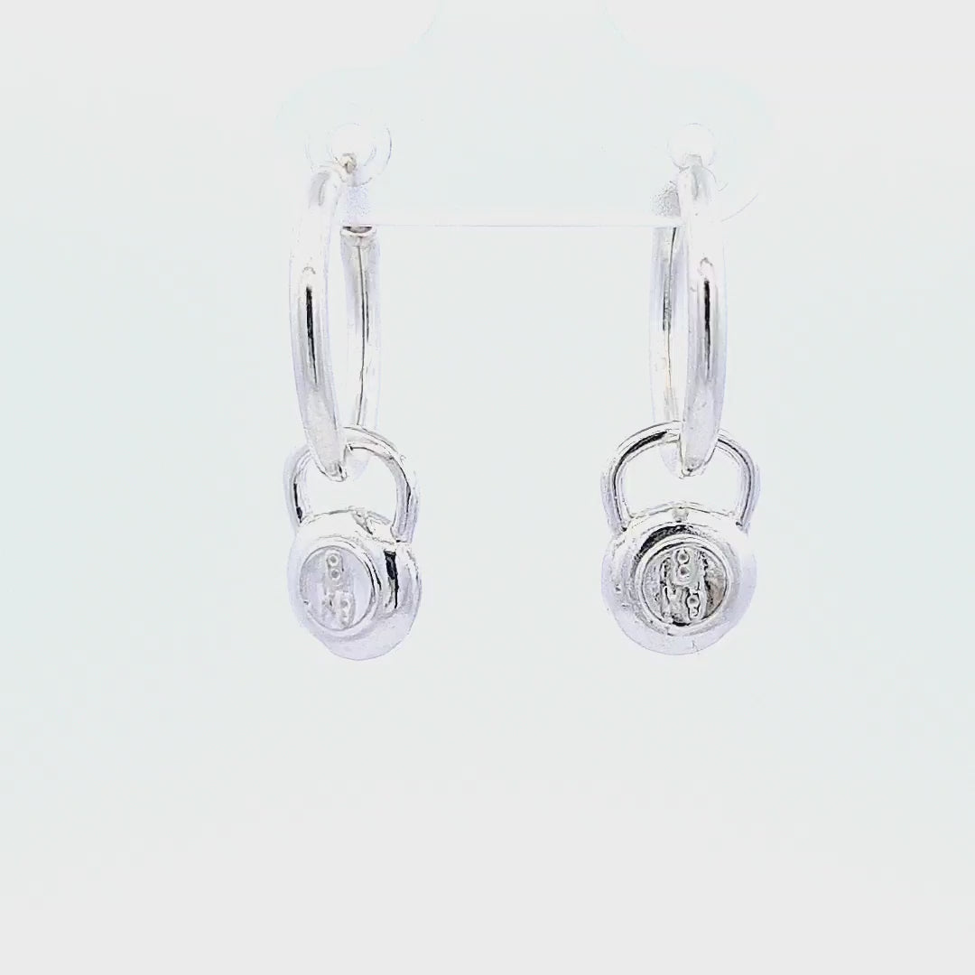 360-degree video of Strength & Grace Kettlebell Charm Hoop Earrings in Sterling Silver for Women, made in Ireland