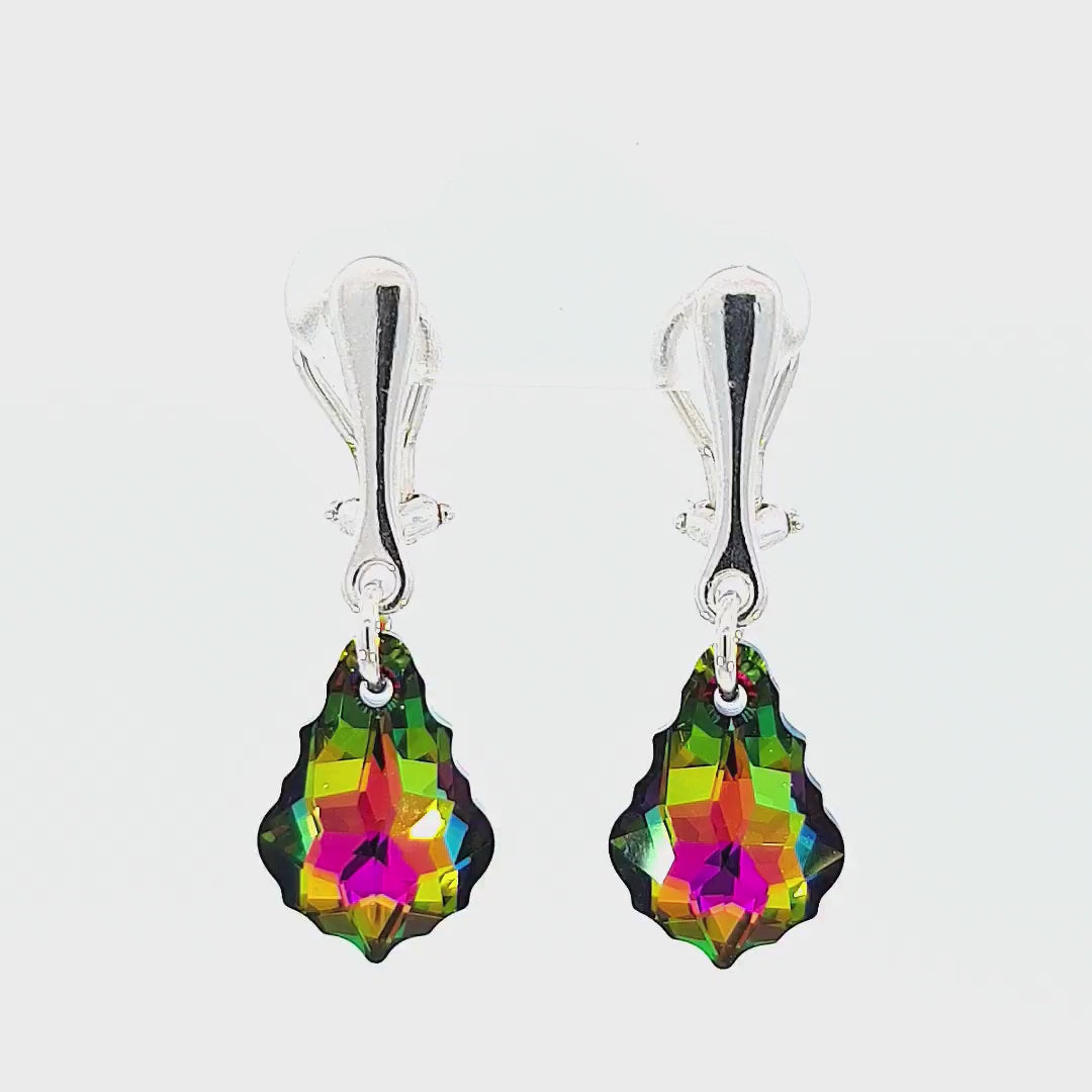 Video of the Sterling Silver Baroque Crystal Clip-On Earrings in Vitrail Medium showcasing their sparkle and multicolour