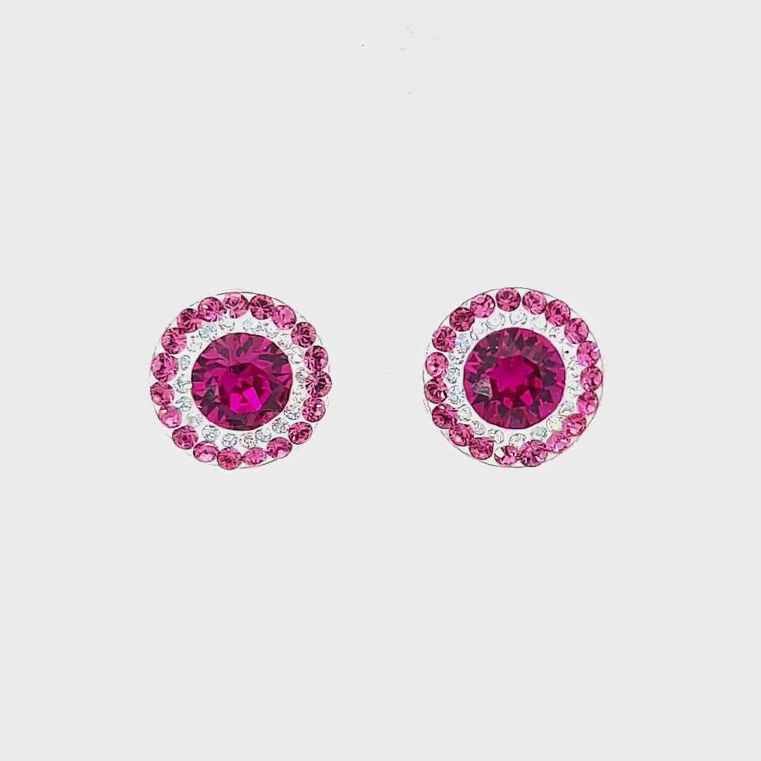 Video of Radiant Rosette Double Halo Stud Earrings, highlighting the secure sterling silver stud and push-back closure.