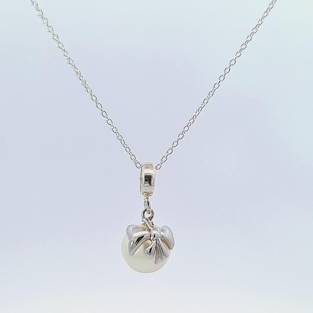 360-view Magpie Gems' Bow Embraced Pearl Drop Necklace in Sterling Silver with Austrian Crystal Pearl