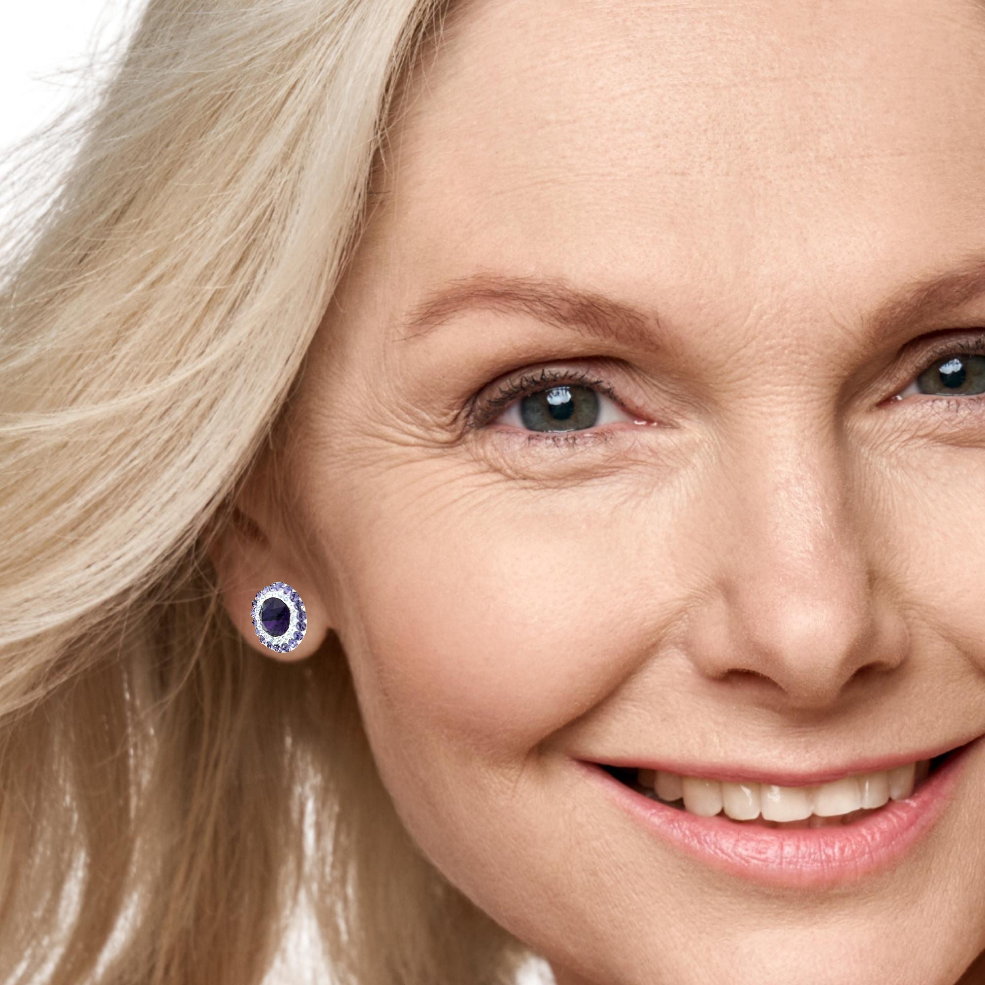 Irish Woman wearing Radiant Rosette Double Halo Stud Earrings with Deep Purple and Tanzanite Crystals