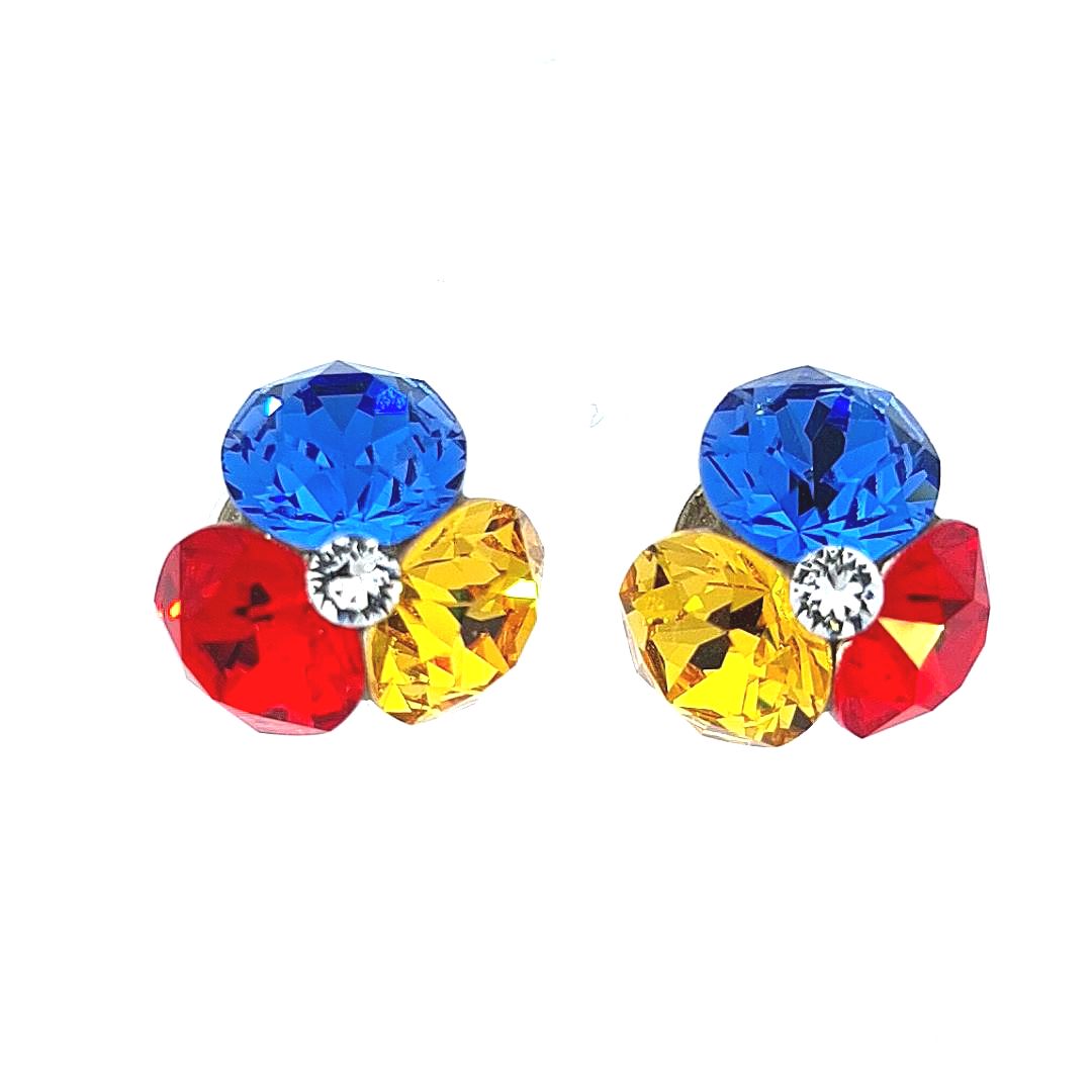 Silver Three Stone Stud Earrings (Red Yellow Blue)