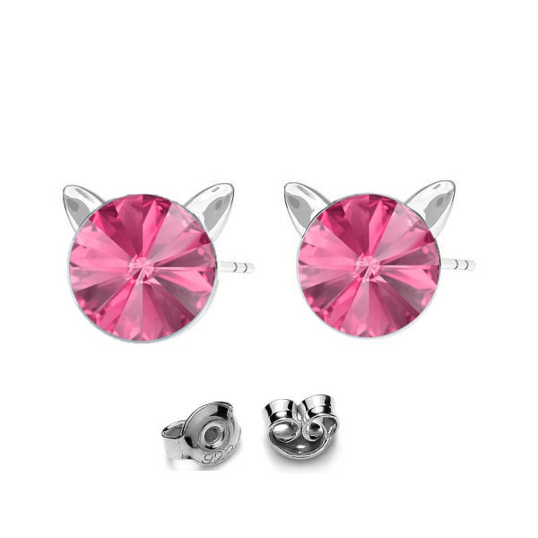 Kitty Cat Silver Stud Earrings with Rose Pink Rivoli Crystal for Children