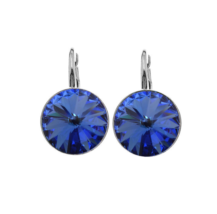 Silver Drop Earrings with Sapphire Blue Rivoli Crystal for Women, Handcrafted Magpie Gems Sterling Silver Rivoli Crystal Leverback Earrings in Sapphire Blue