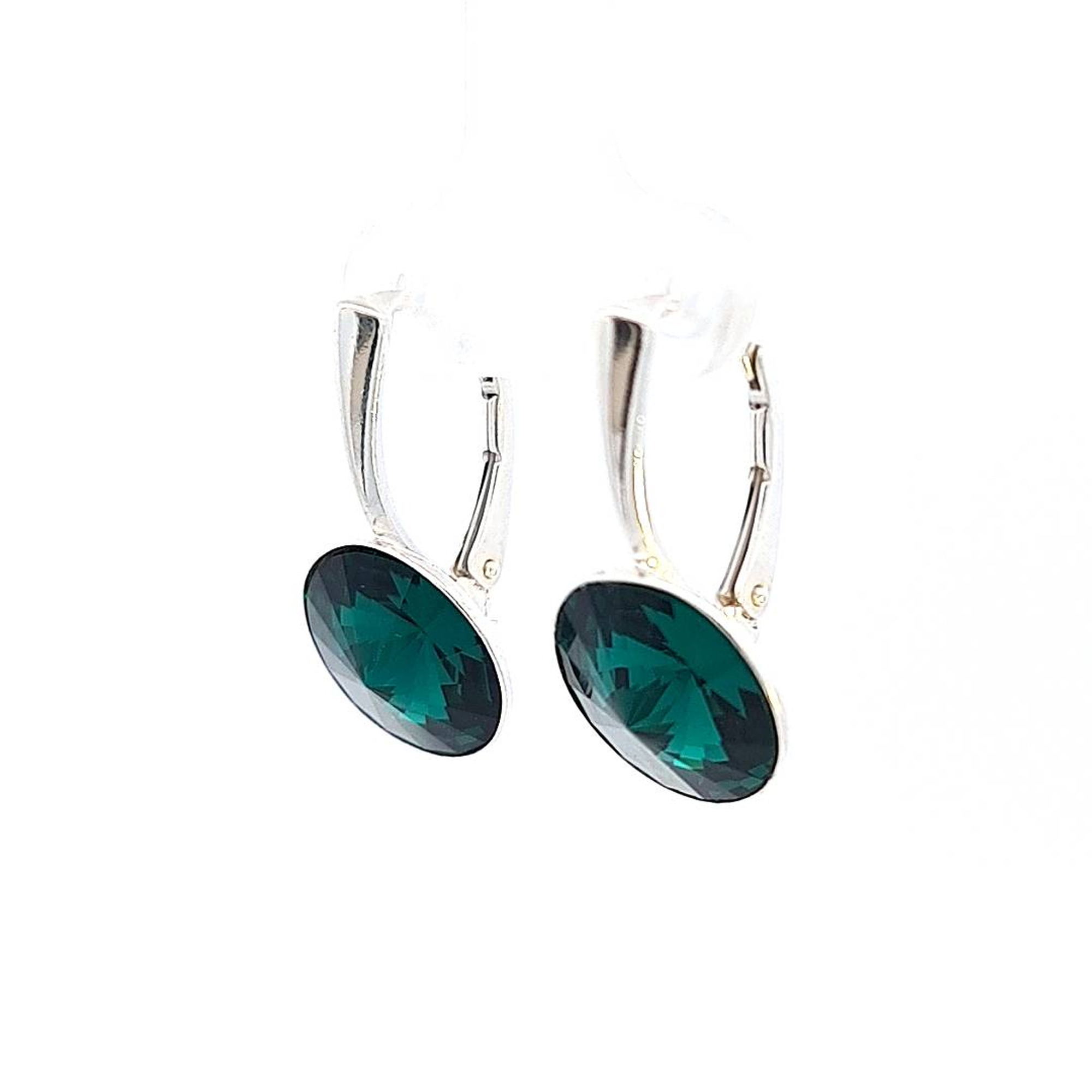 Sterling Silver Drop Earrings with 12mm Emerald Green Rivoli Crystal Side View