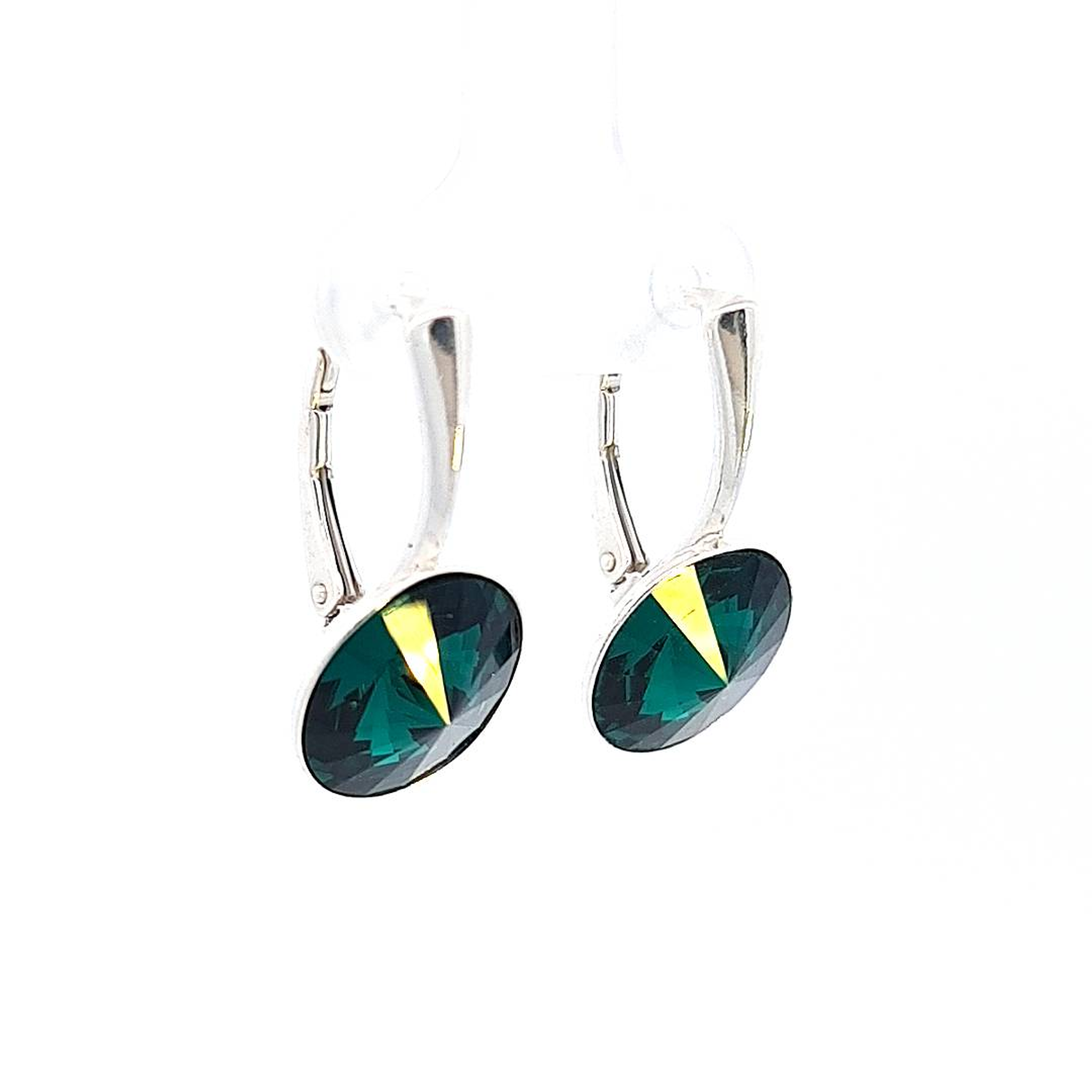 Side View Sterling Silver Drop Earrings with 12mm Emerald Green Rivoli Crystal