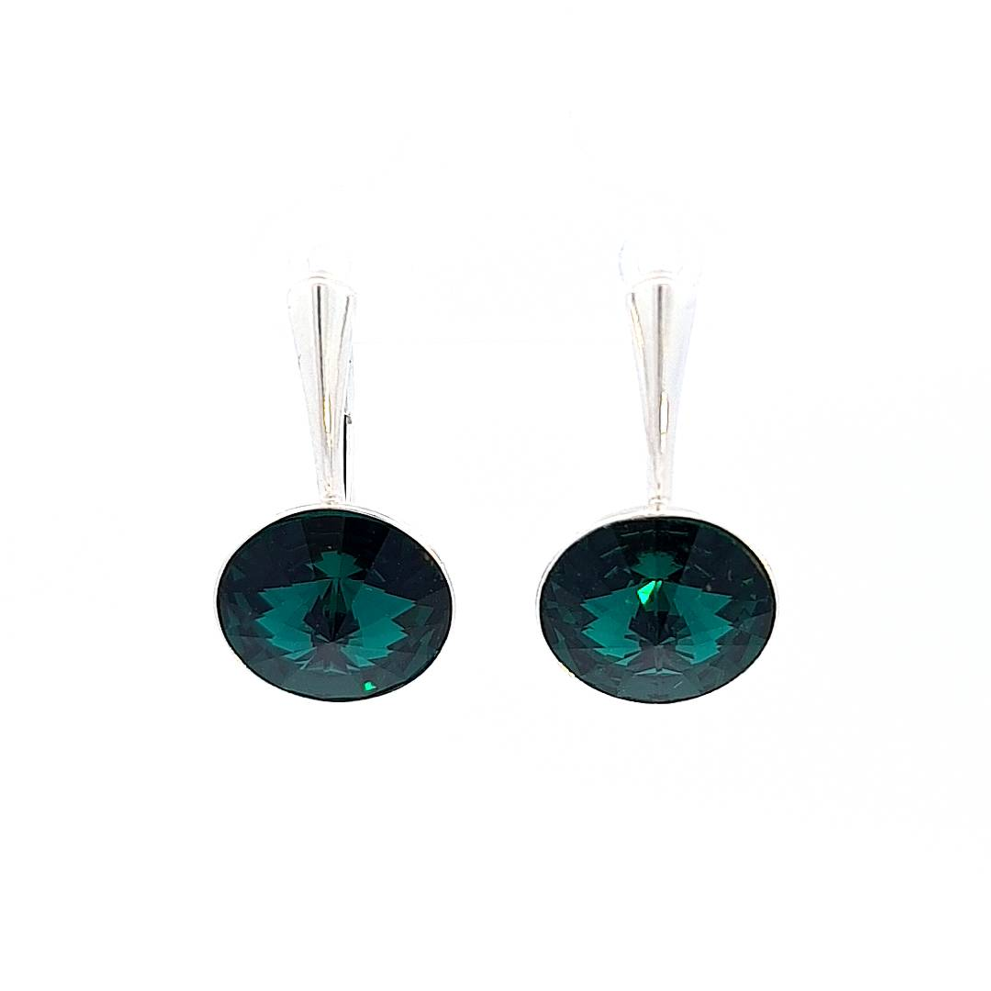 Sterling Silver Drop Earrings with 12mm Emerald Green Rivoli Crystal