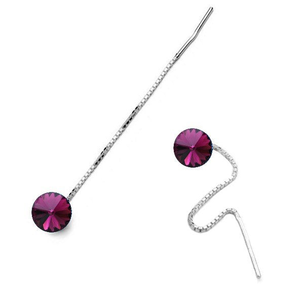 Round Rivoli Silver Threader Earrings in  Amethyst Purple, February Birthstone Crystal