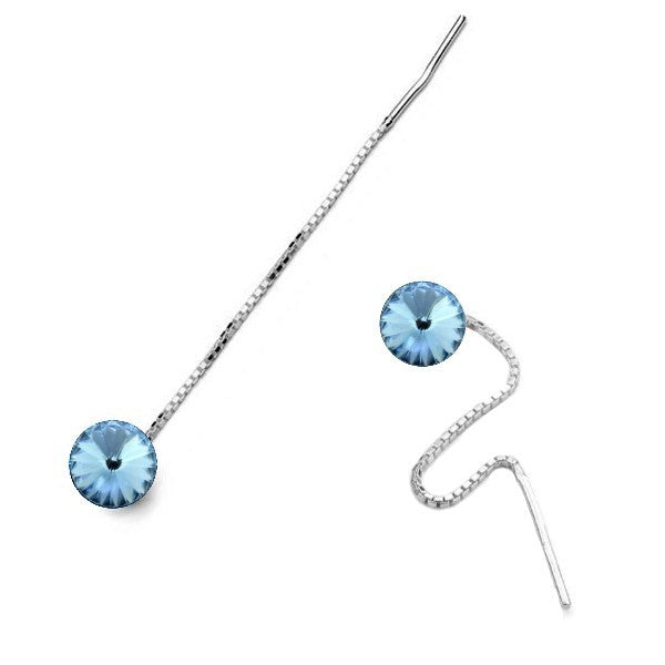 Round Rivoli Silver Threader Earrings in  Aqumarine Blue, the birthstone for March