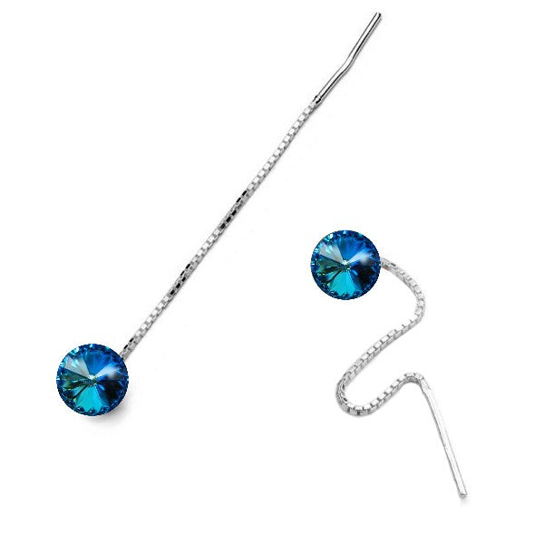 Elegant Silver Threader Earrings with Round Bermuda Blue Crystal