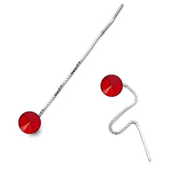 Elegant Silver Threader Earrings with Light Siam Red Crystal for July Birthstone