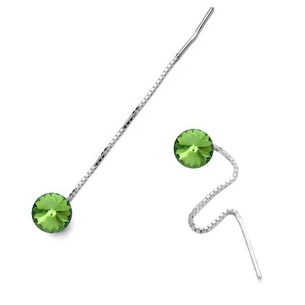 Round Rivoli Silver Threader Earrings in  Peridot Green, as August Birthstone