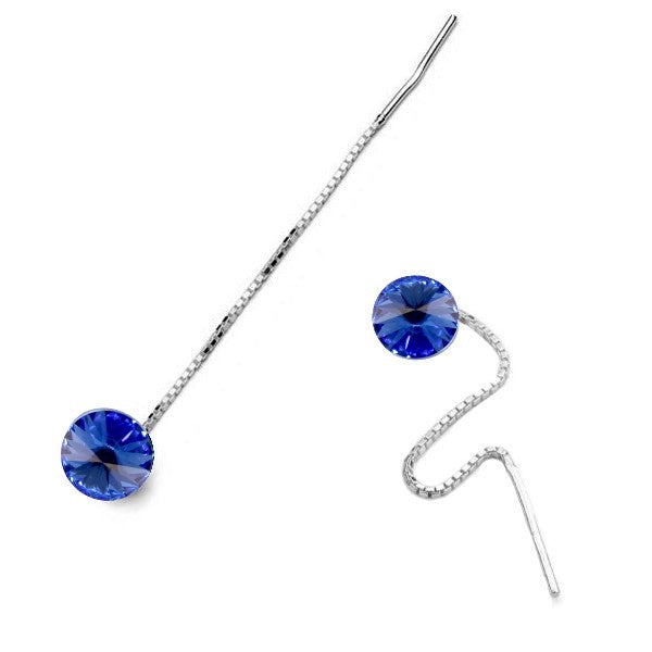 Round Rivoli Silver Threader Earrings in  Sapphire Blue, September Birthstone Earrings