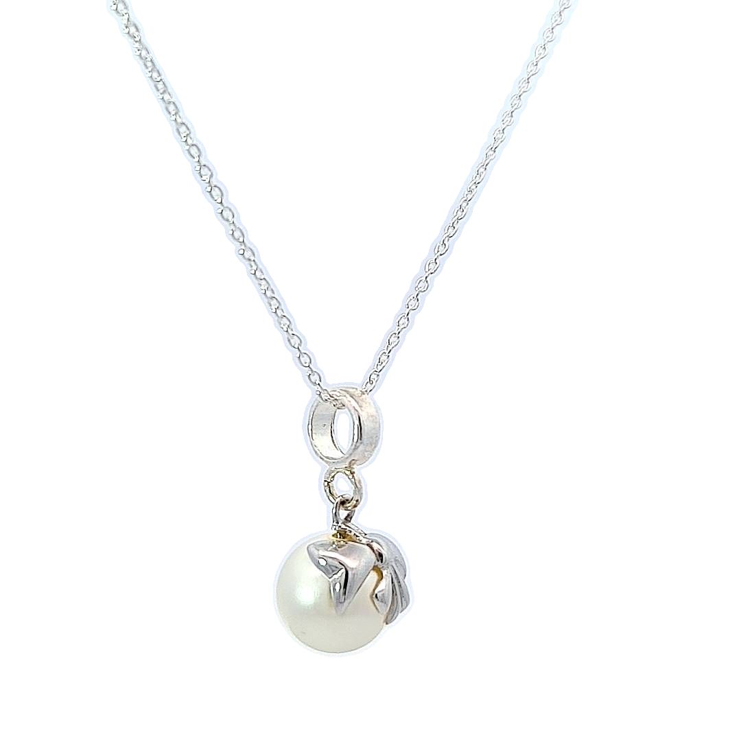 Hand-Finished Sterling Silver Bow Embraced Pearl Drop Necklace