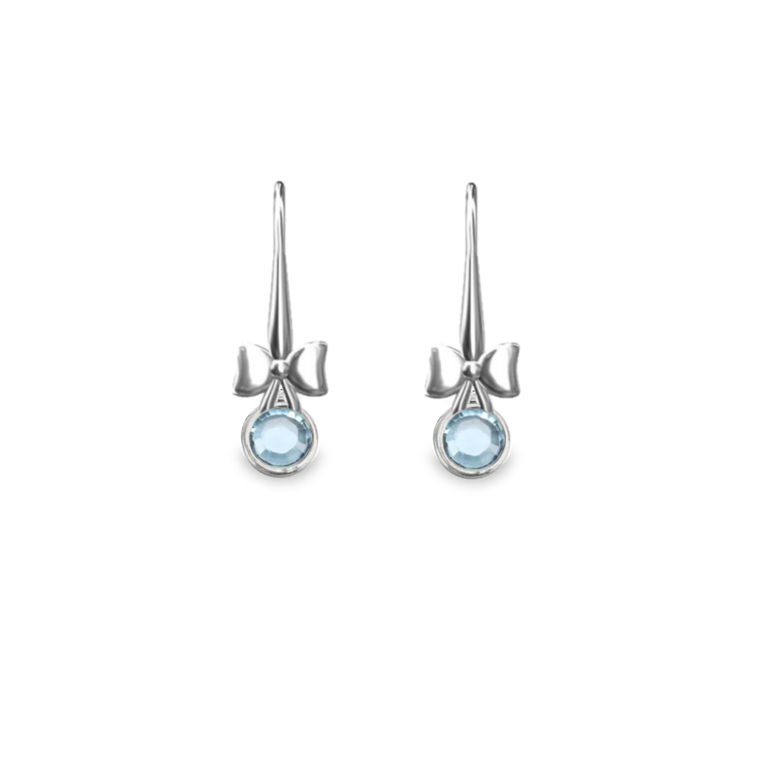 Irish Hand-Finished Sterling Silver Bow and March Birthstone Drop Earrings Aquamarine