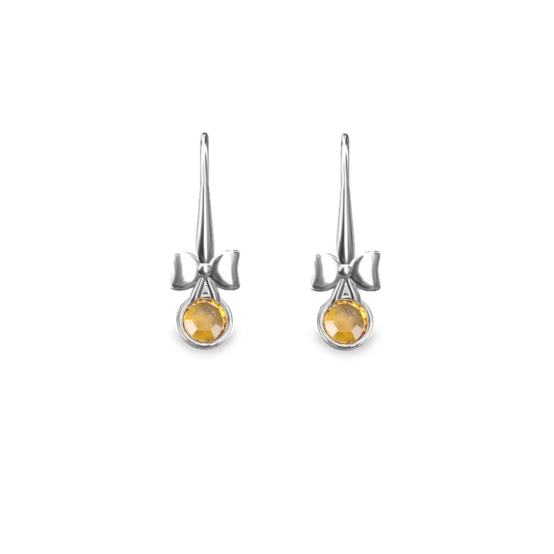 Irish Hand-Finished Sterling Silver Bow and November Birthstone Drop Earrings Topaz