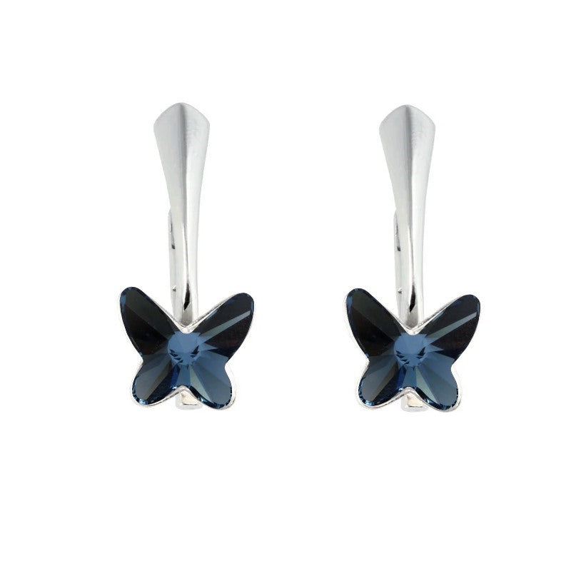 Sterling Silver Butterfly Crystal Earrings for Girls with Denim Blue Crystal Drop.  Denim Blue: Symbolizes trust, loyalty, and stability