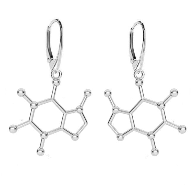 Sterling Silver Caffeine Molecule Drop Earrings with Kidney Leverback