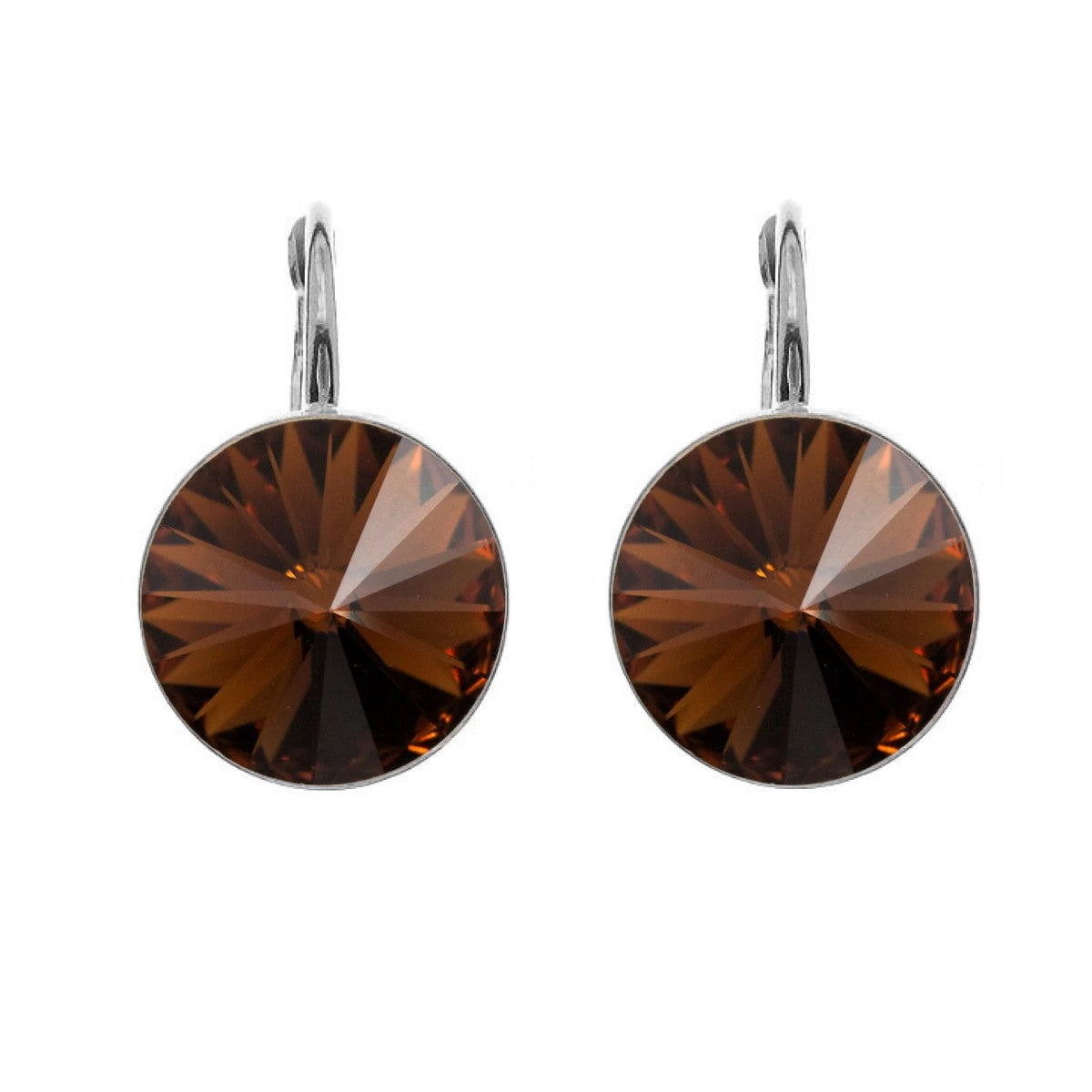 Silver Drop Earrings with 14mm Crystal Smoked Topaz Rivoli for Women – Elegant Sterling Earrings