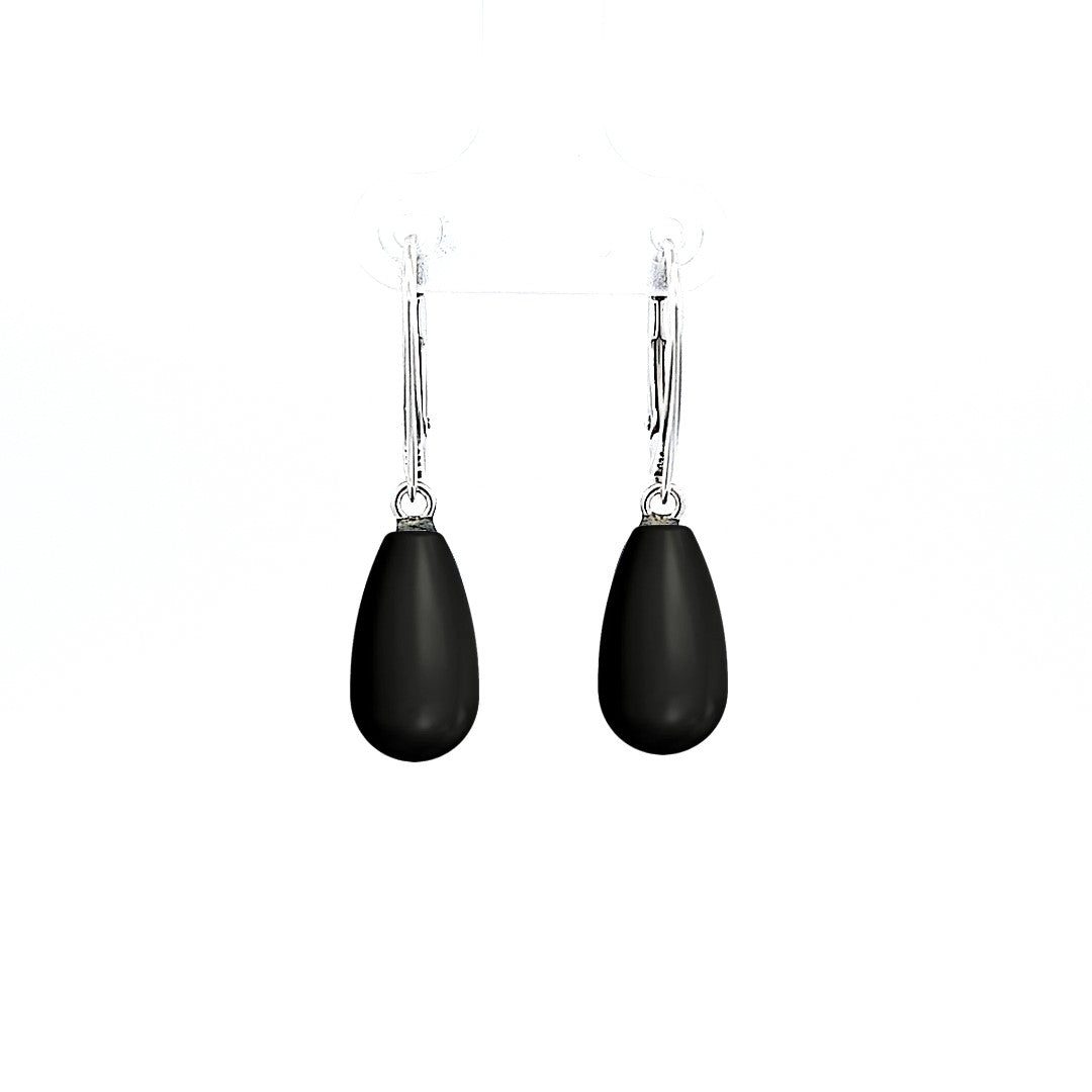 Silver Drop Earrings with Black Teardrop Pearl for Women – Sophisticated Sterling Dangle Earrings