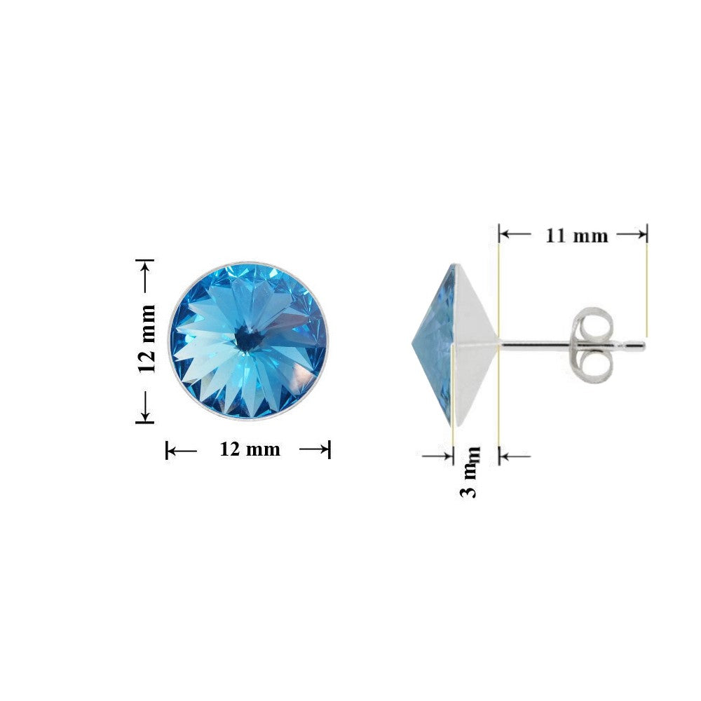 Round Rivoli Stud Earrings in Sterling Silver with Aquamarine Crystal