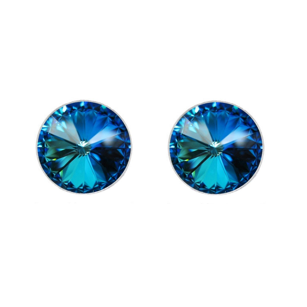 Round Rivoli Stud Earrings in Sterling Silver with Bermuda Blue Crystal