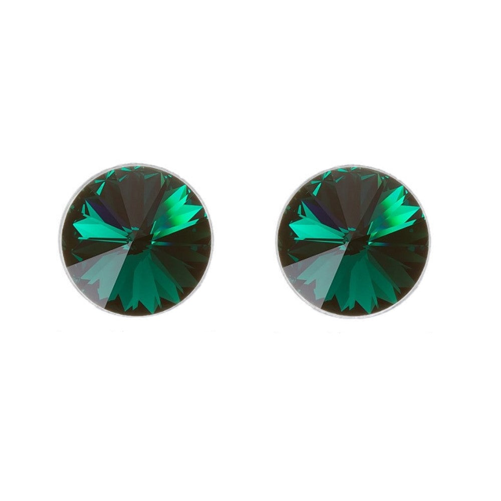 Round Rivoli Stud Earrings in Sterling Silver with Emerald Crystal