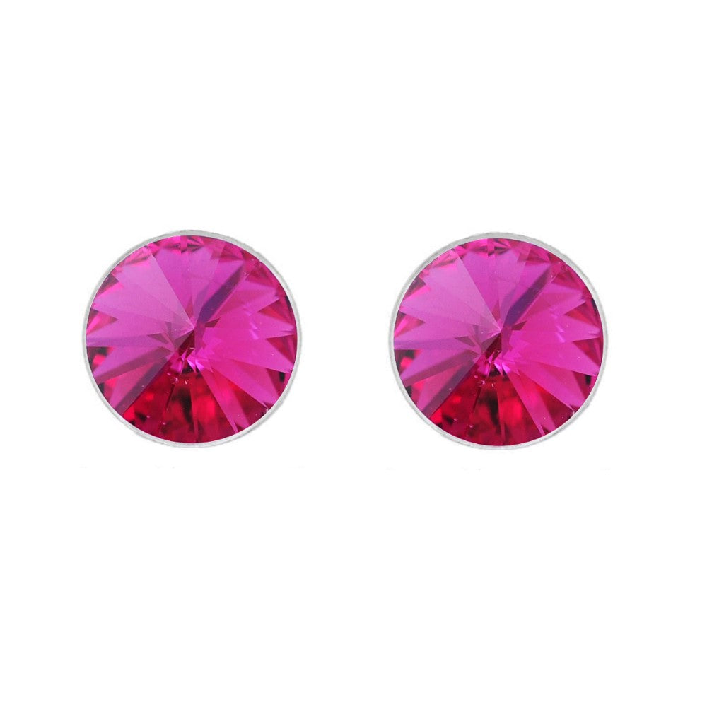 Round Rivoli Stud Earrings in Sterling Silver with Fuchsia Pink Crystal