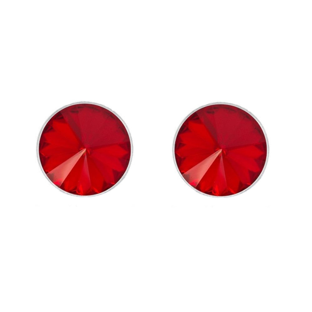 Round Rivoli Stud Earrings in Sterling Silver with Light Siam Red Crystals