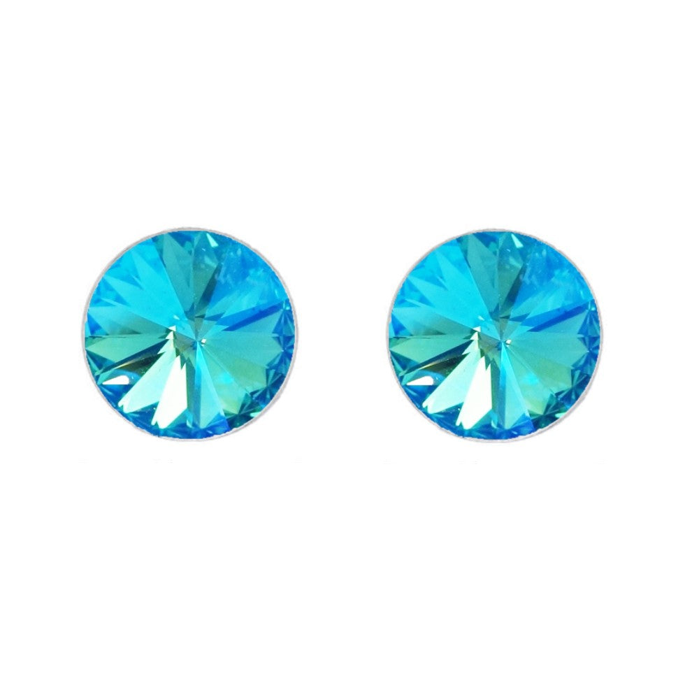 Round Rivoli Stud Earrings in Sterling Silver with Light Turquoise Glacier Blue Crystal