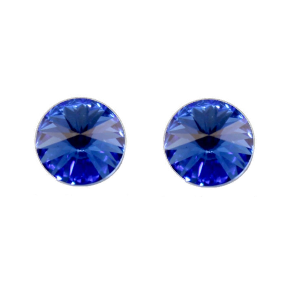 Round Rivoli Stud Earrings in Sterling Silver with Sapphire Blue Crystals