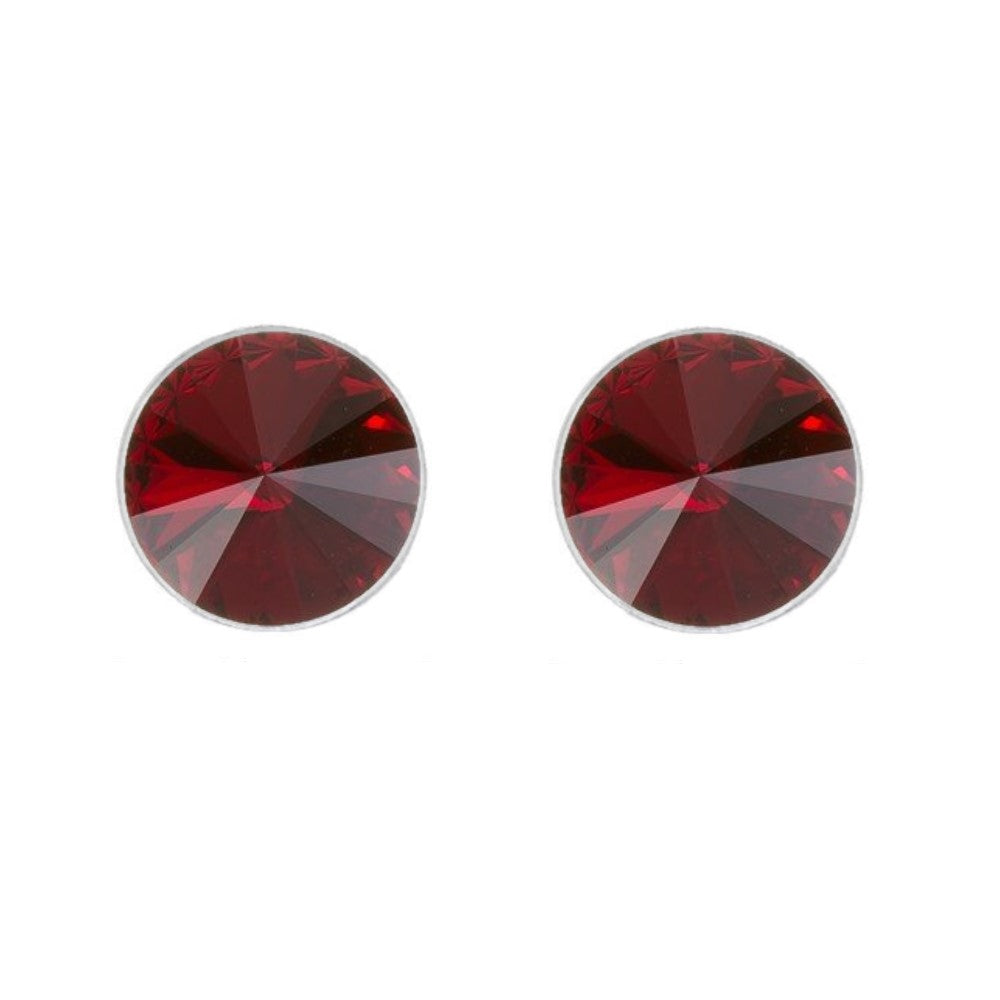 Round Rivoli Stud Earrings in Sterling Silver with Siam Red Crystal