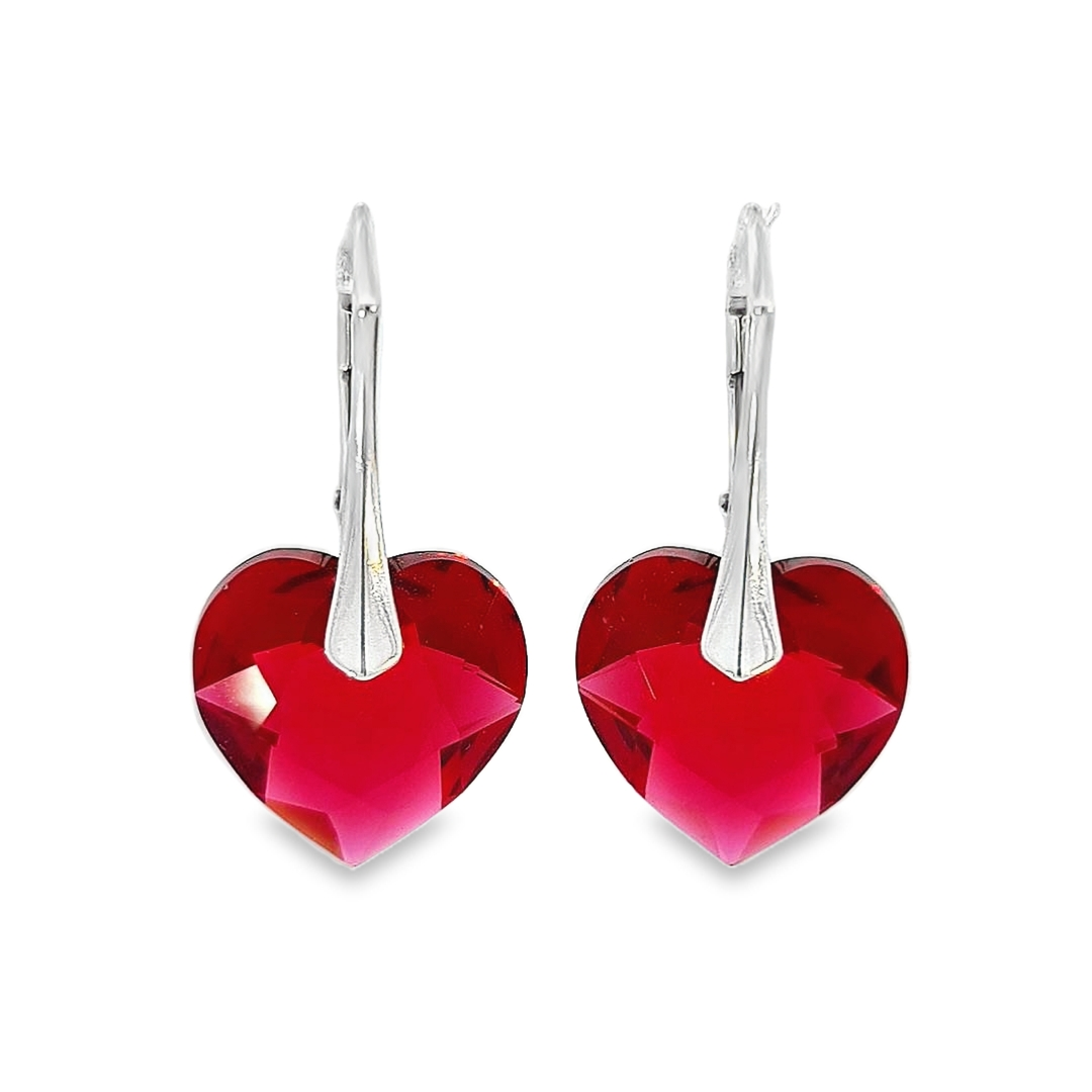 Woman Silver Heart Drop Earrings with Scarlet Red Crystals by Magpie Gems in Ireland