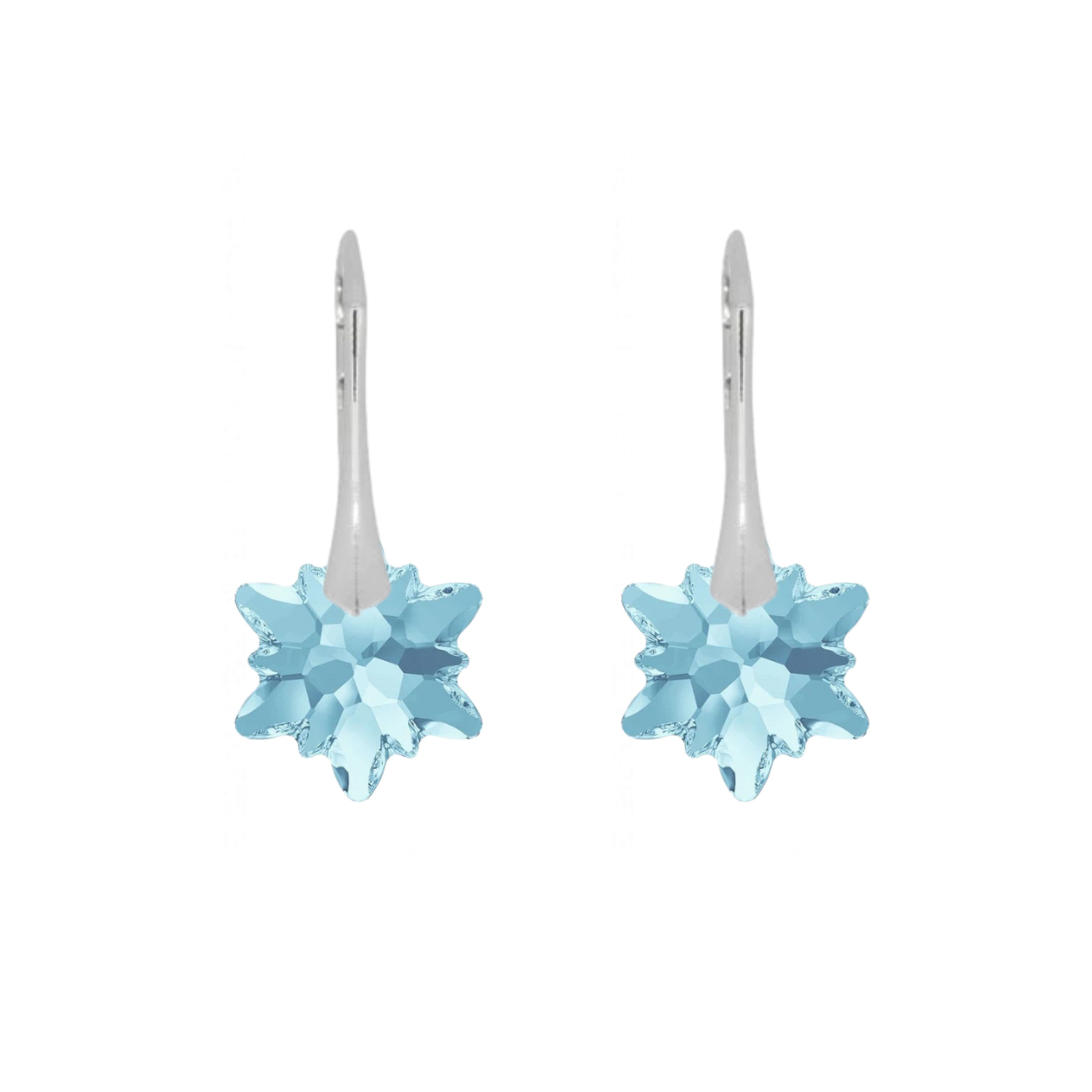 Silver Snowflake Crystal Drop Earrings with 14mm Aquamarine and Sterling Leverback Hooks – Elegant Winter Earrings in Icy Blue